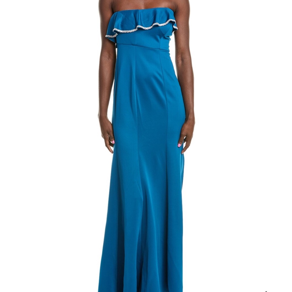 Rene Ruiz Strapless Teal Maxi Scuba Gown with Ruffle size 8 NWT